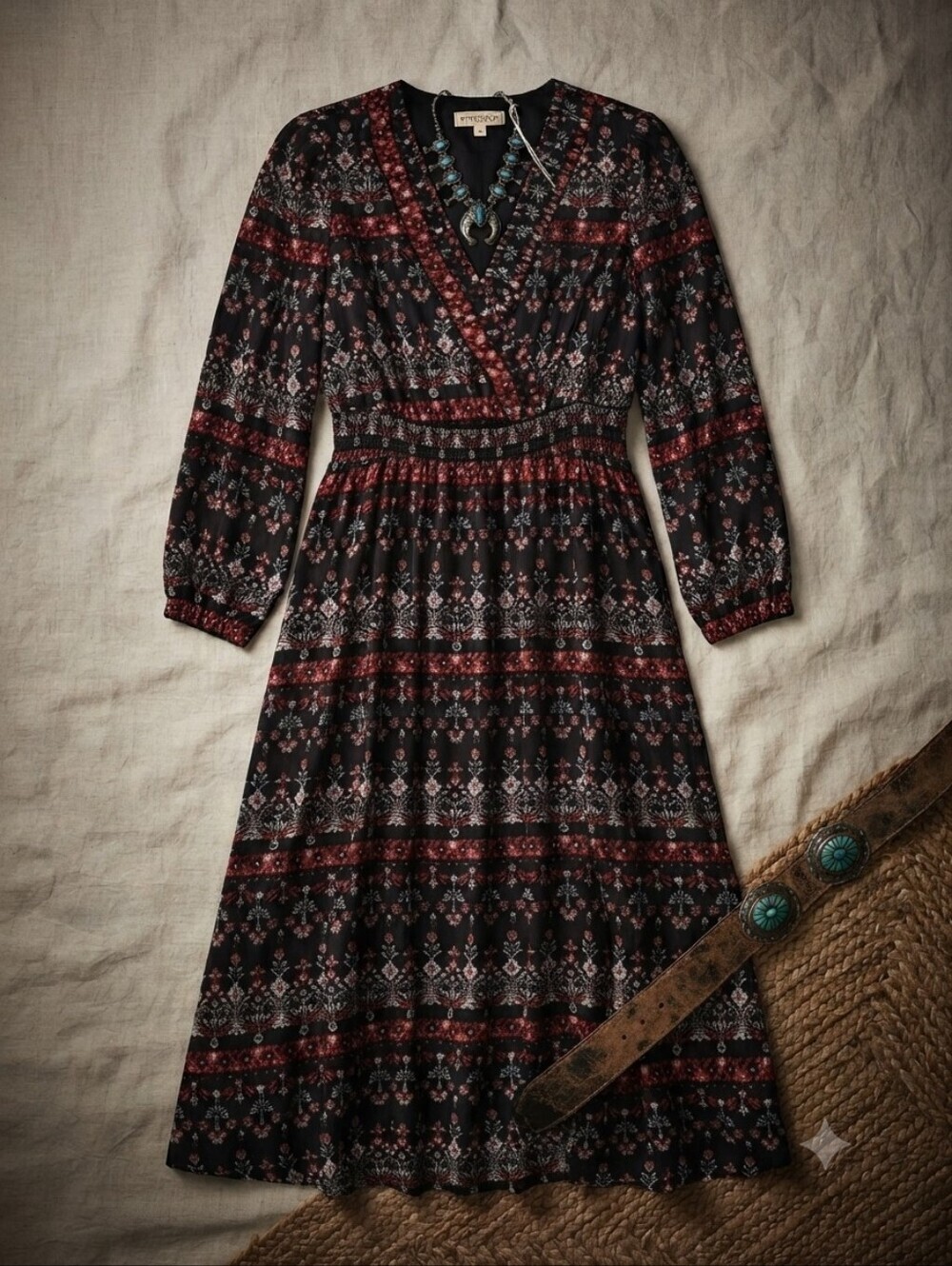 Frye & Co Black Beauty Red Black Floral Mesh Long Sleeve Dress